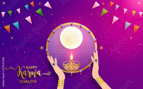Happy Karwa Chauth festival card with gold patterned and crystals on paper color Background.
