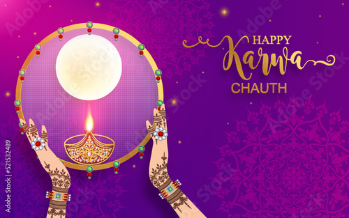 Happy Karwa Chauth festival card with gold patterned and crystals on paper color Background.
