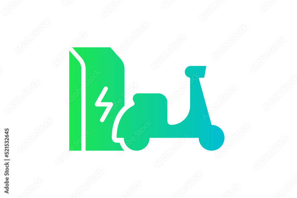 Electric motorbike charging in charger station icon. Electrical moped energy charge green gradient symbol. Eco friendly electro motorcycle recharge sign. Vector eps battery powered EV transportation Electric motorbike charging in charger station icon. Electrical moped energy charge green gradient symbol. Eco friendly electro motorcycle recharge sign. Vector eps battery powered EV transportation