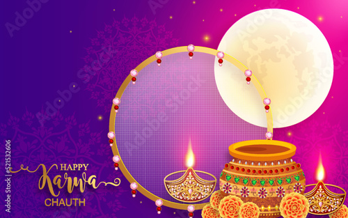 Happy Karwa Chauth festival card with gold patterned and crystals on paper color Background.
