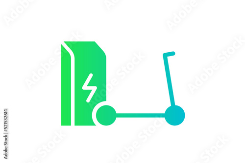 Electric push scooter charging in charger station icon. Electrical kick e-scooter energy charge green gradient symbol. Eco friendly electro vehicle recharge eps sign. Battery powered EV transportation