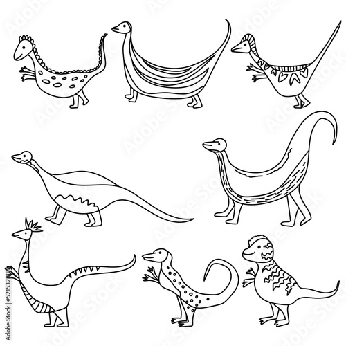 Dinosaurs outline set, doodle reptiles of various species