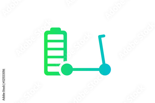 Electric kick scooter fully charged battery energy indicator green gradient icon. Electrical transportation accumulator charger symbol. Electro charging e-scooter. Eco friendly transport recharge sign