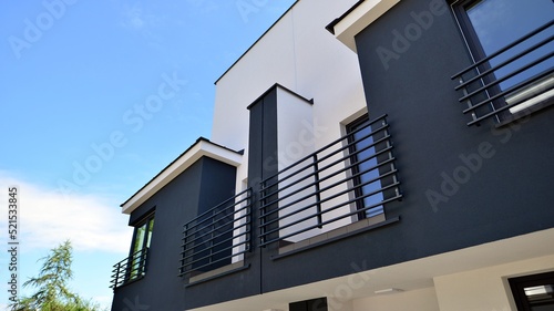 Terraced family home in newly developed housing estate. The real estate market in the suburbs.