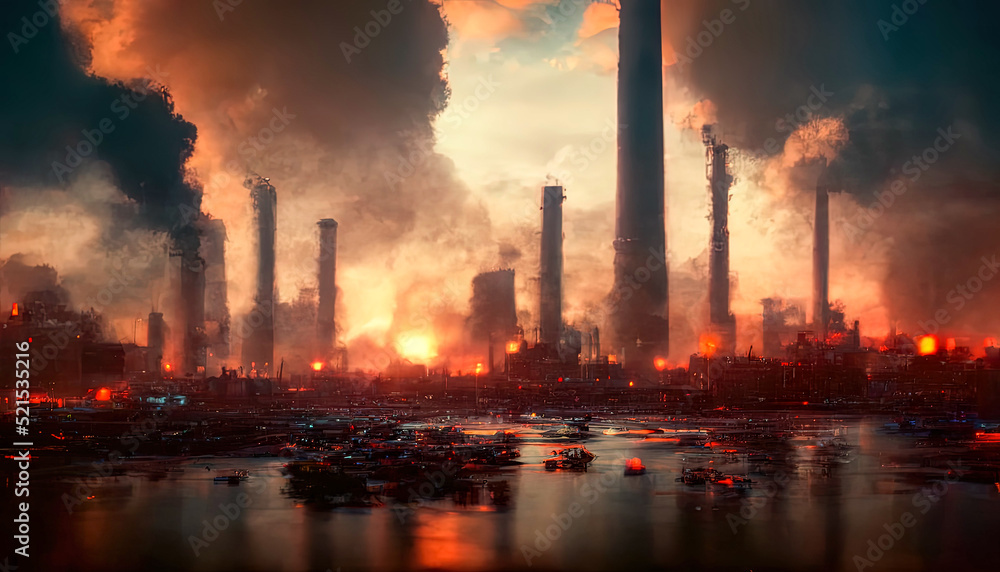 Economic crisis, industrial buildings at sunset, chimneys with smoke. 3D illustration