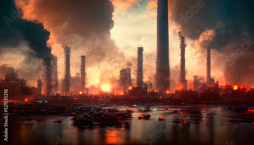Economic crisis  industrial buildings at sunset  chimneys with smoke. 3D illustration