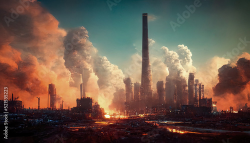 Economic crisis, industrial buildings at sunset, chimneys with smoke. 3D illustration