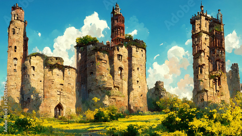 Painting of a medieval castle topped by a red spear next to a tower in an peacefull plain photo