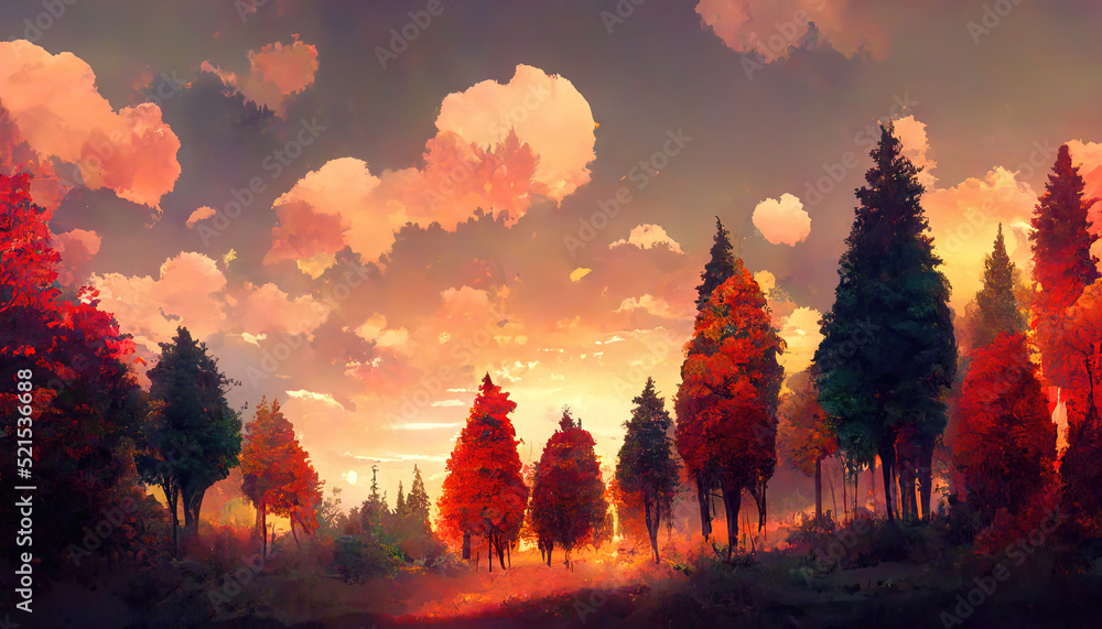 Autumn forest, leaves fallen to the ground, sunset