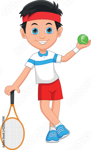 little boy tennis player holding racket and ball