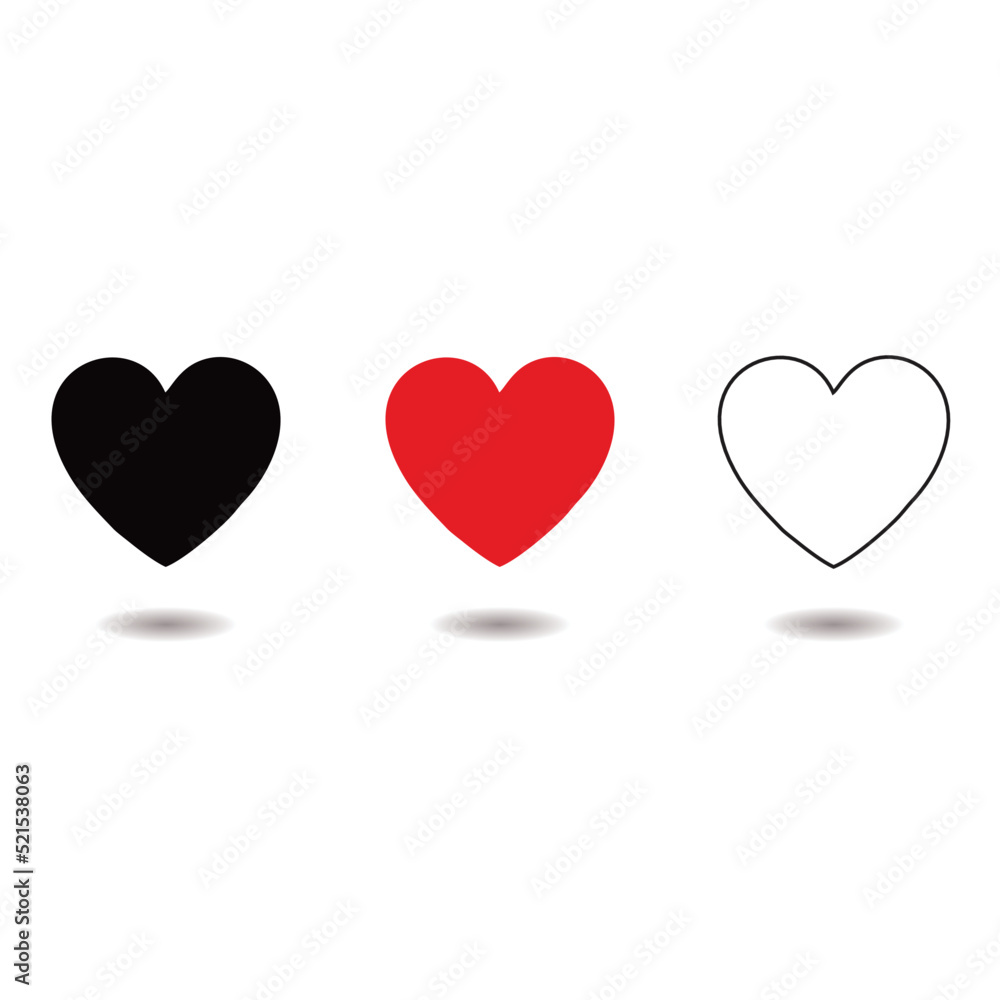 Heart icon isolated on a white background. Heart symbol in three color variants. Vector illustration. Editable symbol vector in eps10 format