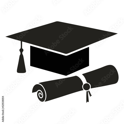 Silhouette of mortarboard and diploma on white background. High school graduation concept. Editable graduation cap and diploma symbol with eps10 format