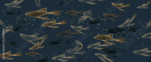 Abstract dark art background with goldfish in the sea in line style. Animal hand drawn vector banner for wallpaper design, decor, print, interior design, packaging. © VectorART