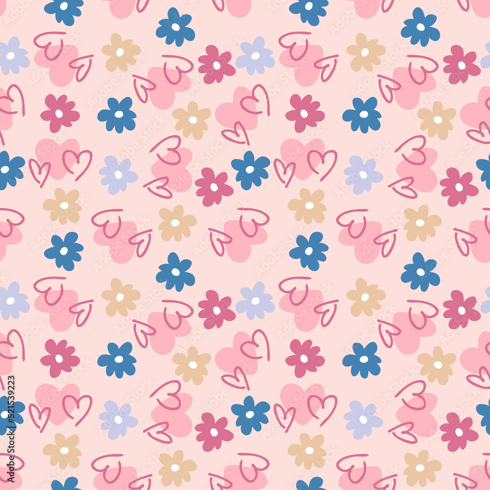 Romantic seamless pattern with hearts and daisy flowers. Summer aesthetic print for fabric, paper, T-shirt. Doodle illustration for decor and design.