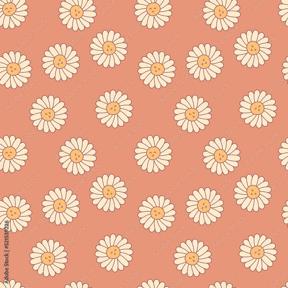 Summer seamless pattern with daisy flowers in 1960 style. Childish characters print with happy emotions. Kids illustration for decor and design.