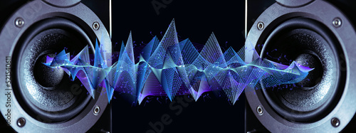 Modern powerful audio speakers and sound waves on dark background. Banner design