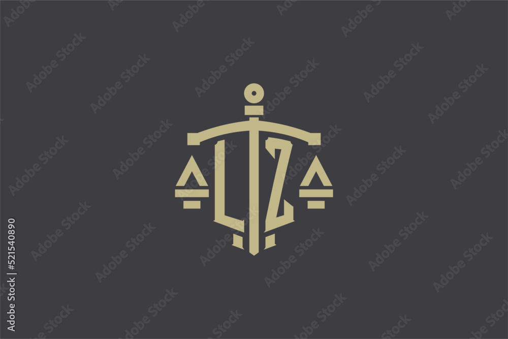Letter LZ logo for law office and attorney with creative scale and sword icon design - obrazy, fototapety, plakaty 