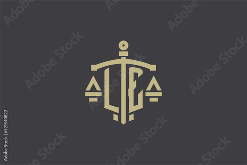Letter LE logo for law office and attorney with creative scale and sword icon design