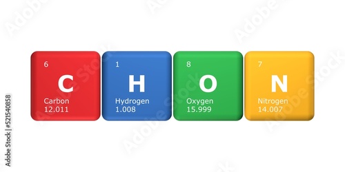 3D illustration of cubes of the elements of the periodic table, carbon, hydrogen, oxygen and nitrogen. Science, technology and engineering