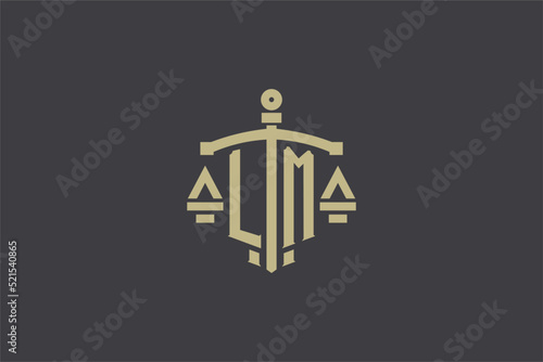 Letter LM logo for law office and attorney with creative scale and sword icon design