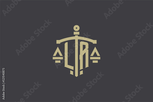 Letter LR logo for law office and attorney with creative scale and sword icon design