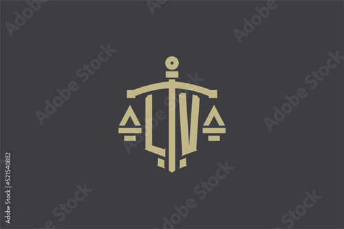 Letter LV logo for law office and attorney with creative scale and sword icon design