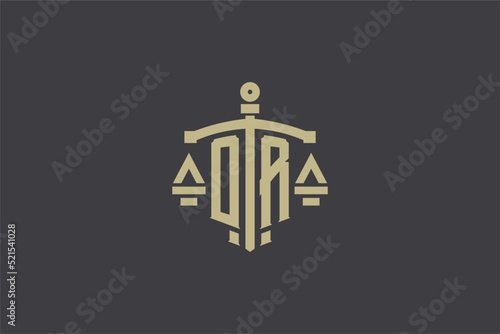 Letter OR logo for law office and attorney with creative scale and sword icon design