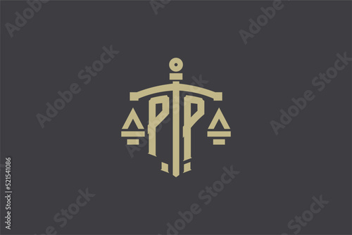 Letter PP logo for law office and attorney with creative scale and sword icon design