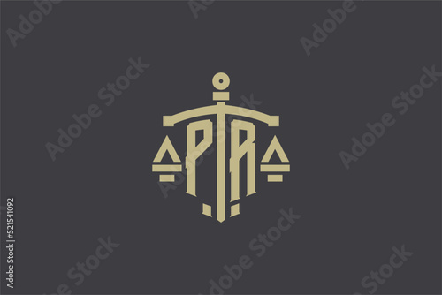 Letter PR logo for law office and attorney with creative scale and sword icon design