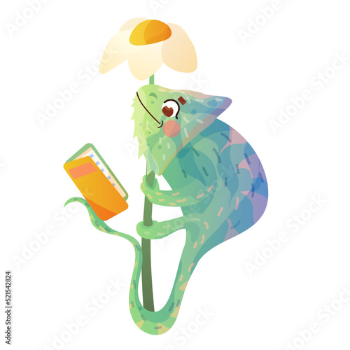Cute Chameleon reading book. Animals reading. Illustration for kids. Cartoon cute animal.