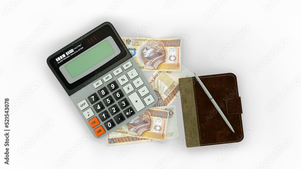 3D rendering of an isolated composition of polish zloty notes, a calculator, a note book and a pen 3D rendering of an isolated composition of polish zloty notes, a calculator, a note book and a pen