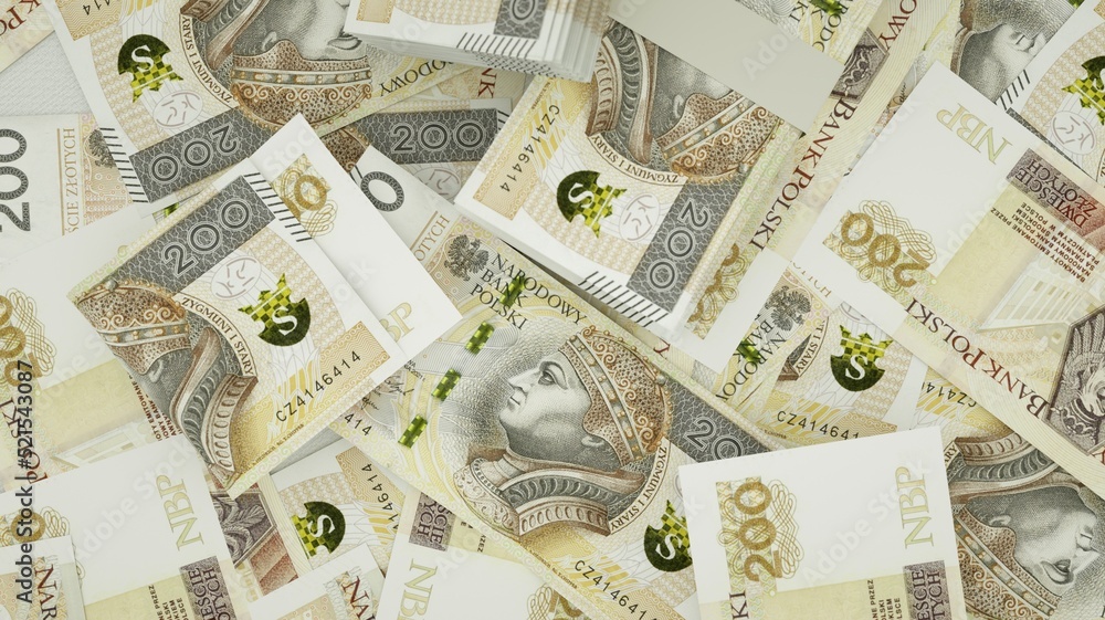 Fototapeta premium 200 Polish zloty notes spread out with a calculator, pen and notebook. 3d rendering