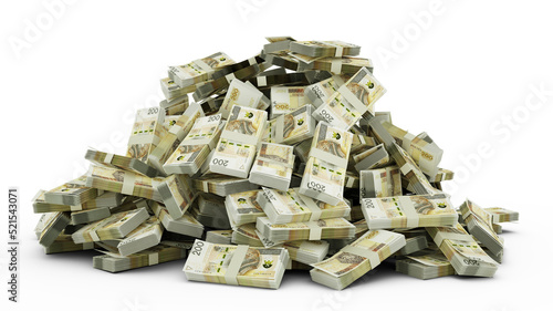 Big pile of 200 Polish zloty notes a lot of money over white background. 3d rendering of bundles of cash photo