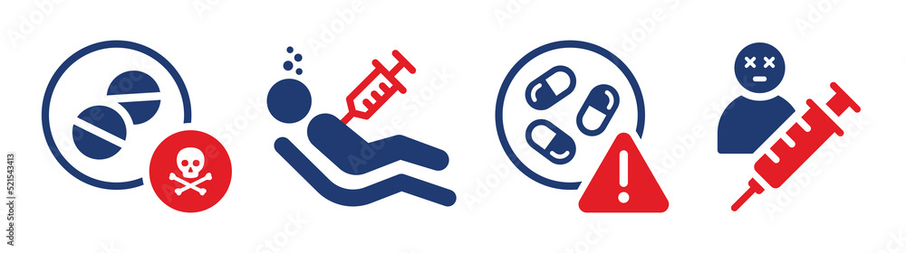 Overdose vector icon set. Danger of drug addiction with risk of death symbol illustration. Overdose vector icon set. Danger of drug addiction with risk of death symbol illustration.