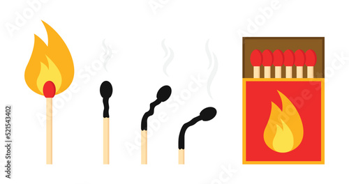 Wooden fire match stick burning with flame, burnt matchstick with smoke and red matchbox with matches vector illustration icon set.