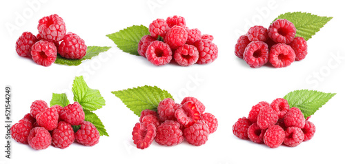 Set with heaps of delicious ripe raspberries on white background. Banner design