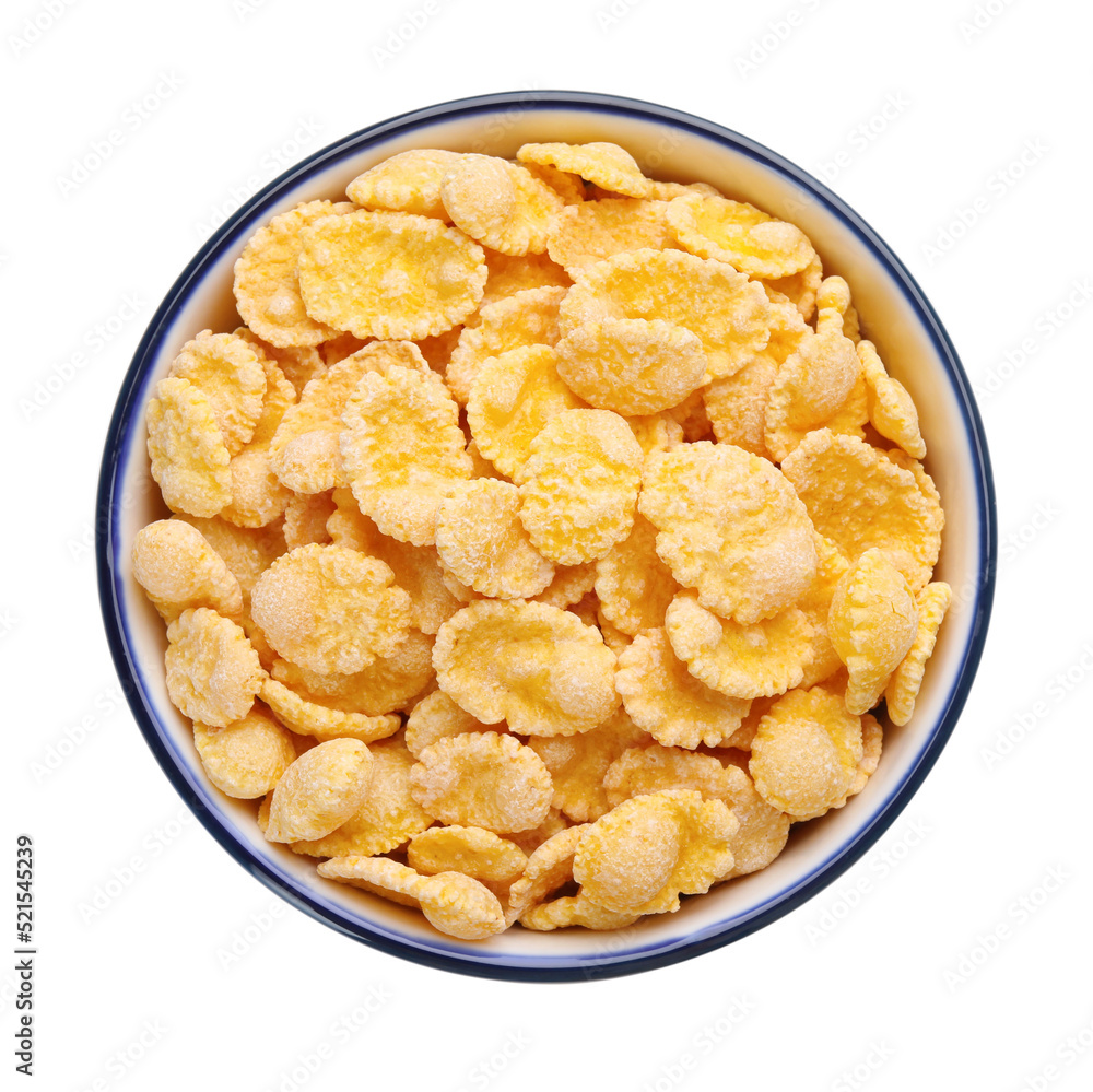 Bowl of tasty corn flakes isolated on white, top view Bowl of tasty corn flakes isolated on white, top view