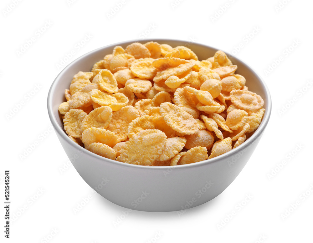 Bowl of tasty crispy corn flakes isolated on white Bowl of tasty crispy corn flakes isolated on white