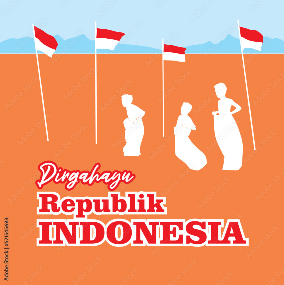Indonesian independence day greeting card with traditional sack race