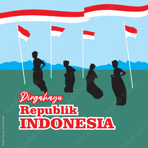 Indonesian independence day greeting card with traditional sack race concept, Indonesian flag with  landscaping background. Dirgahayu means longevity of the republic of Indonesia. Flat design, banner