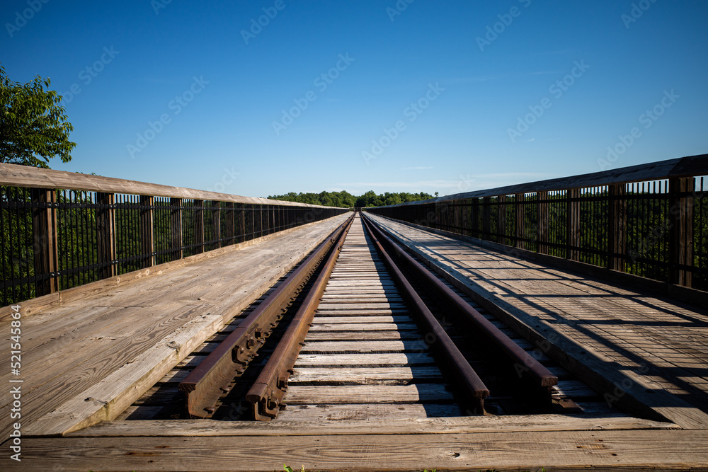 Railroad tracks close to far symmetrical, perspective view with clear blue sky at Kinzua Bridge, Pennsylvania.