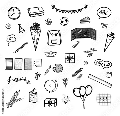 41x Schulanfang - Erster Schultag - Einschulung ~ Set ~ Grafiken Cliparts Zeichen Symbole Sketchnotes photo