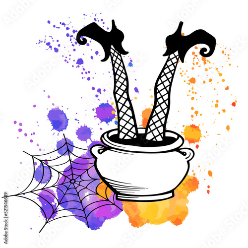 Halloween witch feet in a cauldron and spider web. Hand drawn sketch style. Black shoes. Vector illustration on blobs background.