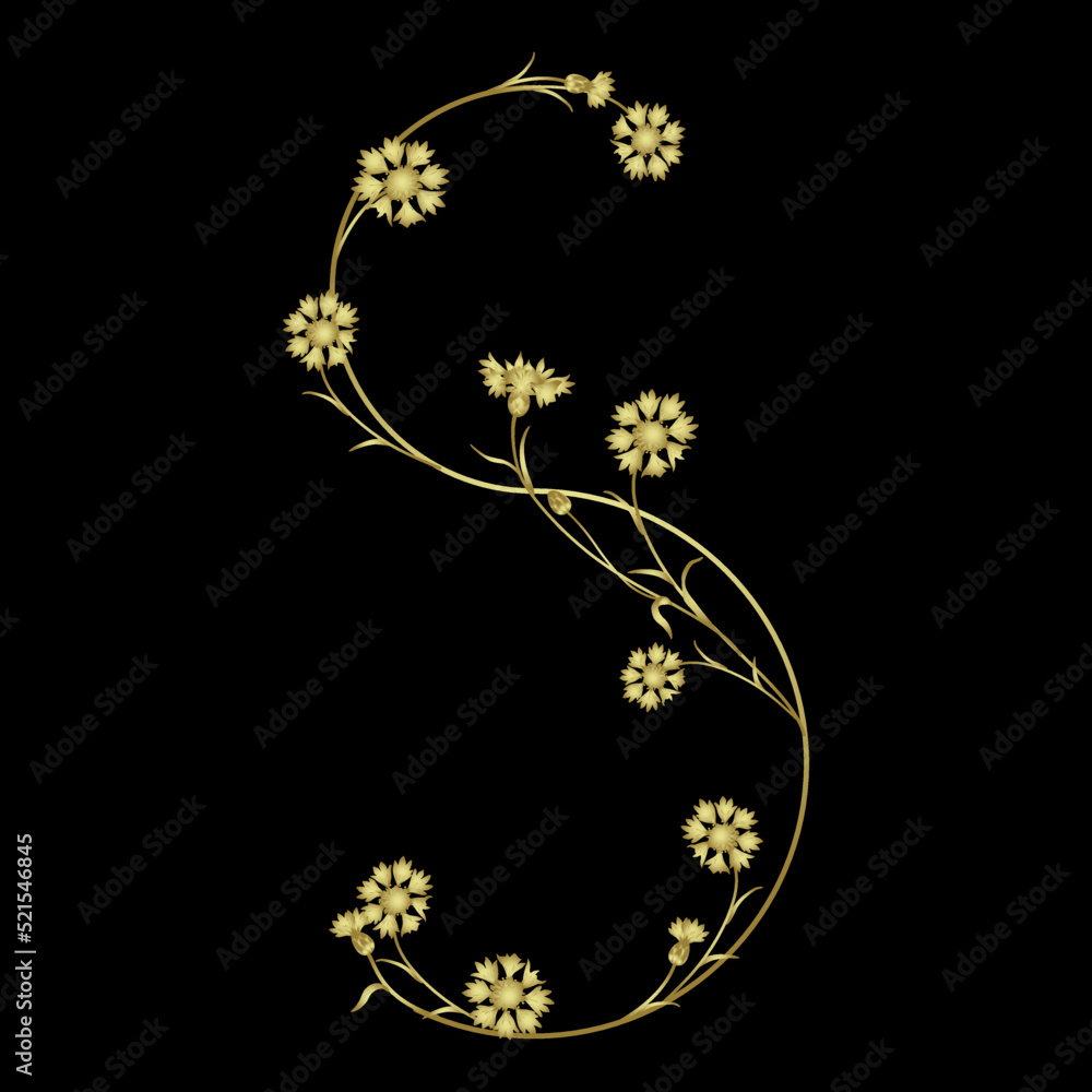 Beautiful letter S with blooming branches of cornflower or knapweed