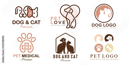 Pet care icon set logo with dog and cat silhouette symbol for store veterinary clinic hospital