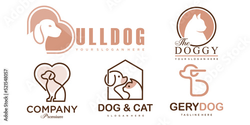 Pet care icon set logo with dog and cat silhouette symbol for store veterinary clinic hospital