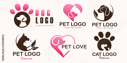 Pet care icon set logo with dog and cat silhouette symbol for store veterinary clinic hospital