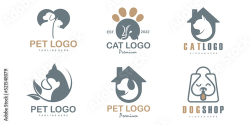 Pet care icon set logo with dog and cat silhouette symbol for store veterinary clinic hospital