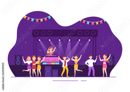 Night Club Cartoon Illustration with Nightlife like a Young People Drink Alcohol and Youth Dance Accompanied by Dj Music in Spotlight