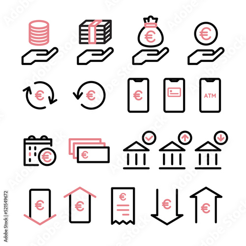 Icon set of money, banknotes, coins, payment, investment, accounting, currency, e-money, household, finance